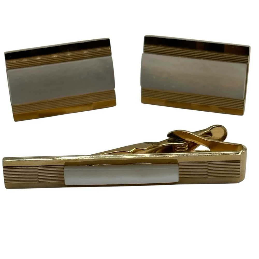 Vintage Swank Cufflinks Tie Bar Set Gold Tone Metal Mother Of Pearl‎ Rectangle